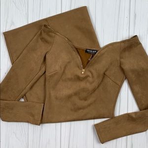 Fashion nova suede camel off shoulder mini dress